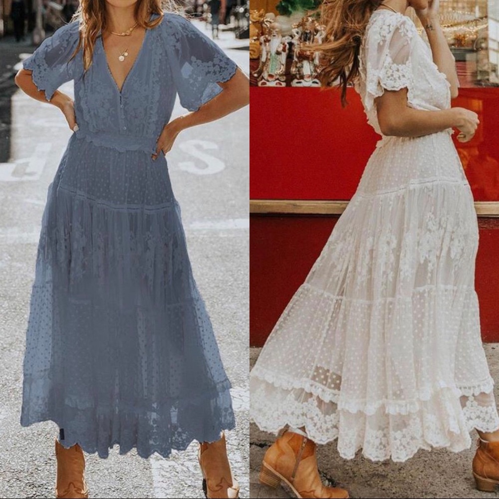 NWOT Blue Lace Boho Elegant Maxi Dress
